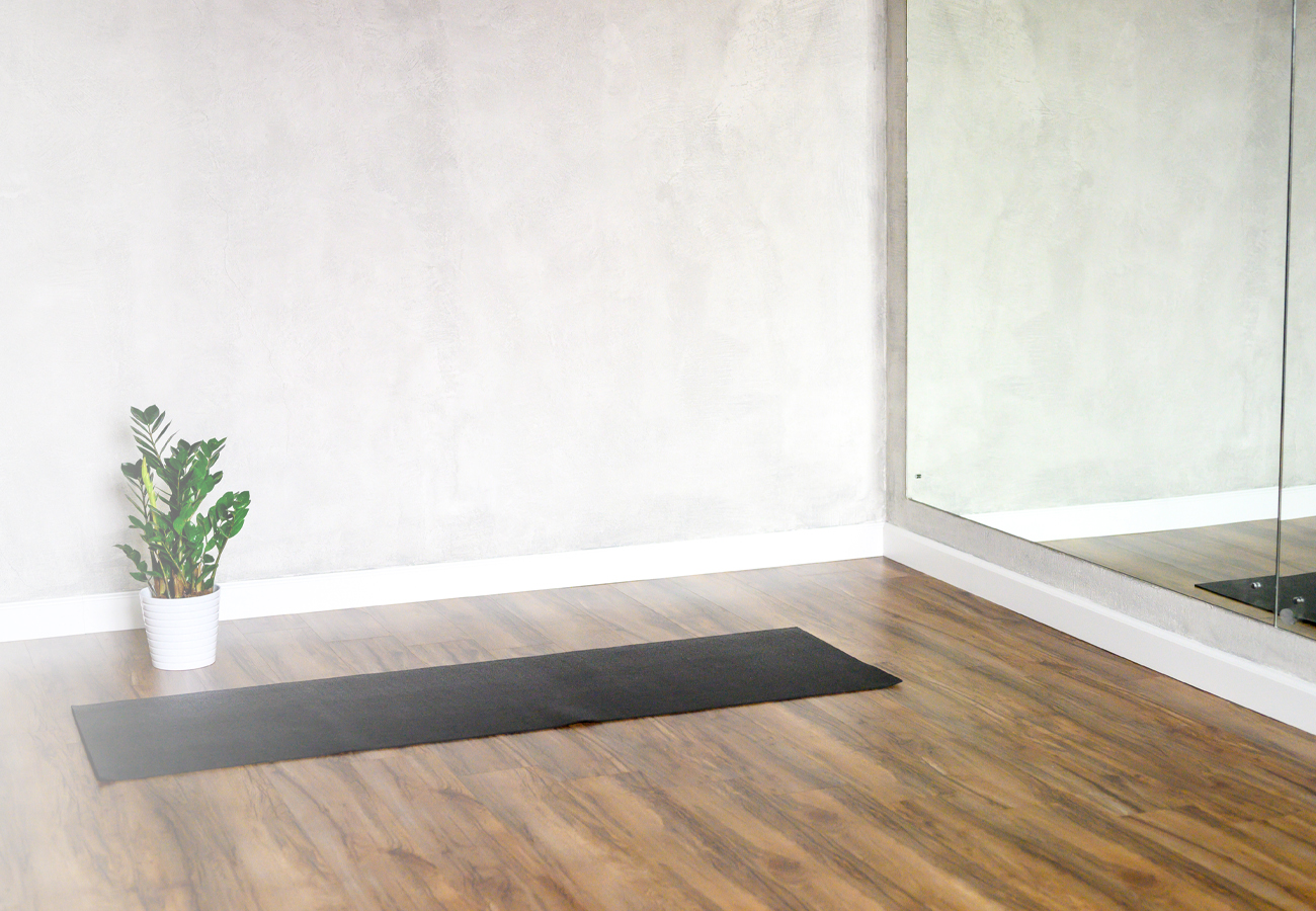 Yoga studio with brown yoga mat and plant